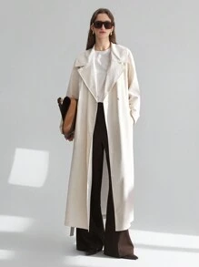 Ontre 2025 女式新款亚麻长款大领长袖风衣，休闲简约风格，适合伊比沙岛、波西米亚风、度假、节日、春季 - 白色 - 查看 4