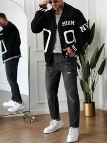 Manfinity Hypemode Men's Casual Button-Up Cardigan With Number Print, Long Sleeve For Autumn/Winter