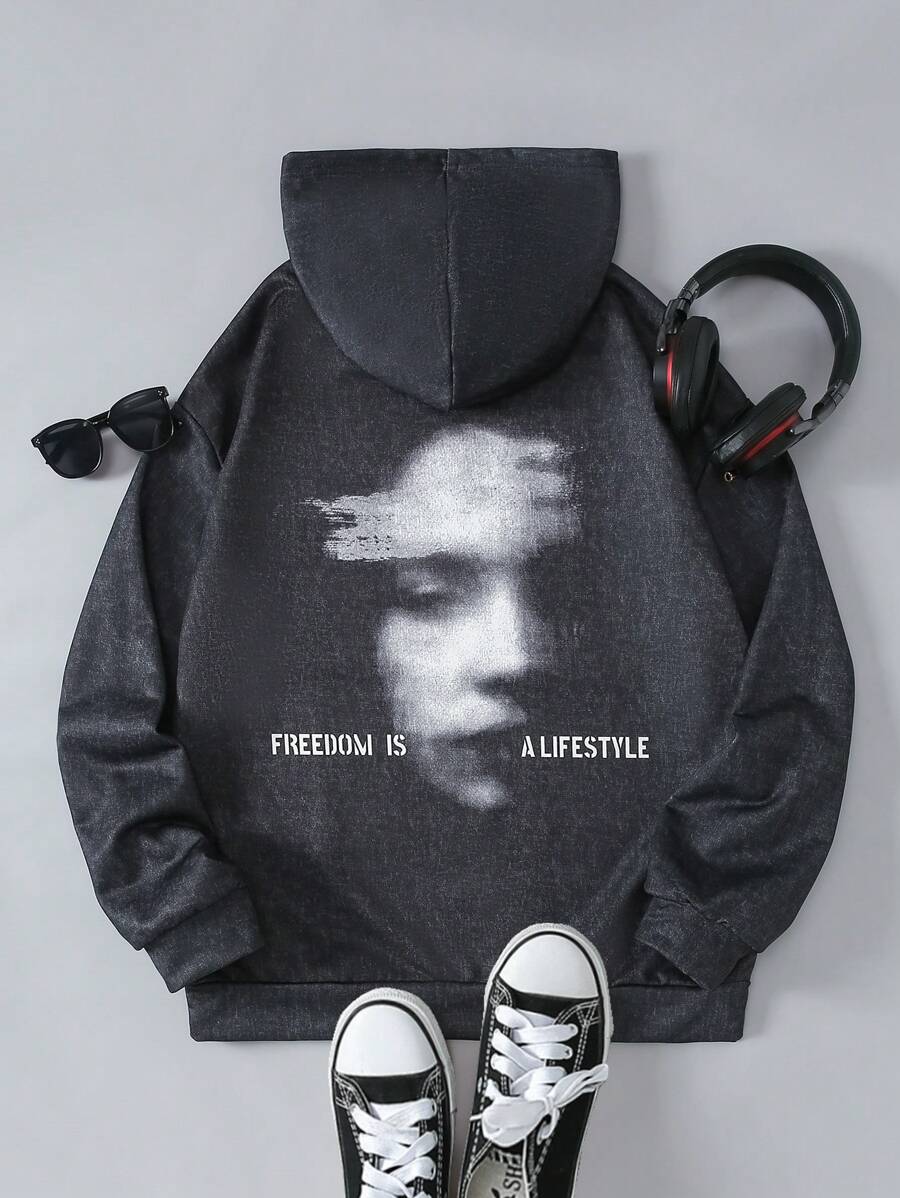 SHEIN Explorewe 1 pièce Sweatshirt à capuche avec imprimé graphique pour ado garçon, sweat-shirt décontracté - Gris foncé - Voir 1