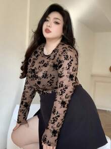 Dazy Plus 圆领植绒弹力修身女上衣，春夏长袖女上衣 - 咖啡棕 - 查看 5