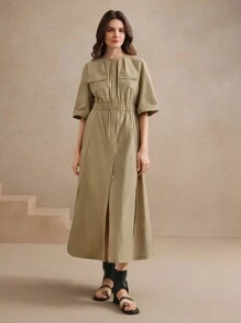 Anewsta Vestido midi de cuello redondo con manga corta y definición de cintura, estilo informal de negocios adecuado para primavera y verano