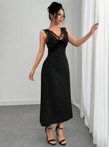 Chiquease 性感优雅优雅V领蕾丝拼接波点印花紧身连衣裙 - 黑色 - 查看 5