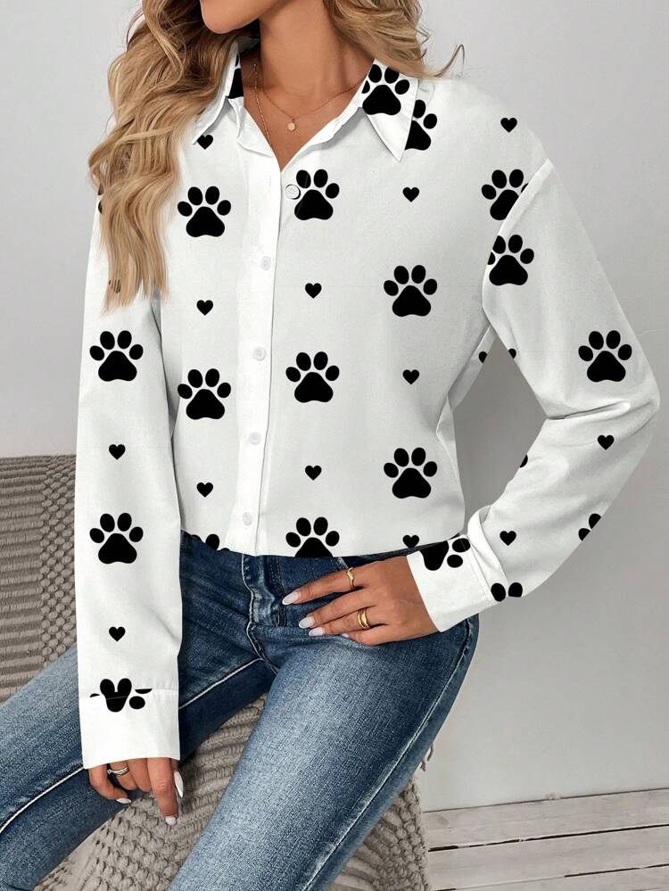 Casual Minimalist Cartoon Pattern Loose Shirt For Women, Suitable For Summer