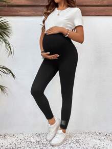 SHEIN Maternity Solid Color Adjustable Waist Skinny Casual Leggings - Black - View 6