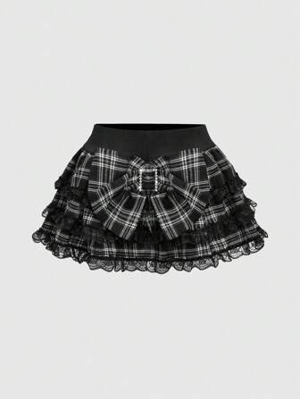 J-Fashion Y2K Gyaru Himekaji Harajuku Lolita Oversized Bowknot Low Waist Lace Frilled Plaid Mini Skirt For Women