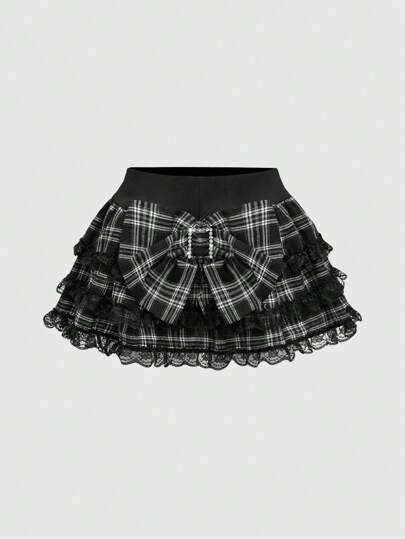 ROMWE J-Fashion Saia Xadrez Mini com Cintura Baixa, Babados de Renda e Laço Exagerado no Estilo Gyaru, Himekaji, Harajuku, Lolita para Mulheres