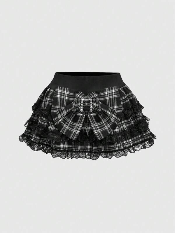 ROMWE J-Fashion Y2K Gyaru Himekaji Harajuku Lolita Oversized Bowknot Low Waist Lace Frilled Plaid Mini Skirt For Women