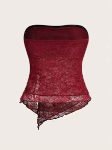 Sweetina Lace Patchwork Drawstring Asymmetrical Hem Cropped Cami Top - Burgundy - View 2