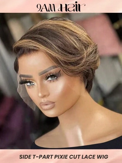 Body Wave Pixie Cut Wig 13 X 4 X 1 Lace Frontal Wig Piano Color Short Short Human Hair Highlight Color