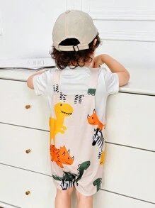 SHEIN 新生男童/女童休闲运动风格可爱恐龙图案落肩宽松针织连体衣，适合春夏室内/室外穿着