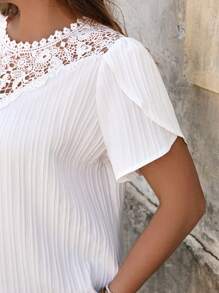 Celure Plus Size Women's Solid Color Lace Hollow Floral Short Sleeve Blouse