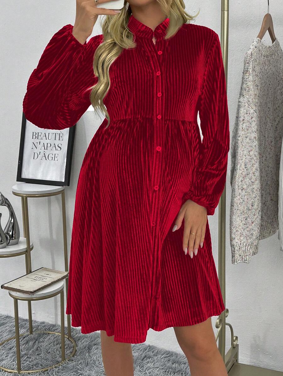 SHEIN Maternity Solid Color Lantern Sleeve Single Breasted Casual Short Dress - Red - View 1