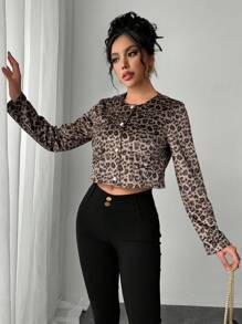Chiquease Vintage Leopard Print Round Neck Single-Breasted Jacket - Brown - View 6