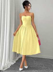 Rafferiza 女士时尚百搭吊带腰部喇叭下摆黄色连衣裙，适合约会、聚会、秋冬季