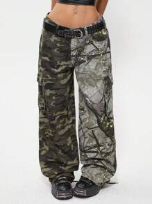 SHEIN EZwear 女士春夏基本款迷彩中腰牛仔裤，适合狂欢节服装 - 軍綠色 - 查看 6