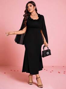 SHEIN Clasi Plus Size Women's Solid Color Open Slit Mesh Splice Floral 3D Embroidery Mermaid Dress
