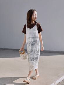 2pcs/Set Girls Solid Short Sleeve Dress With Lace Camisole Dress, Summer Set - Khaki - View 3