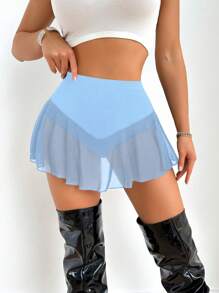 Zolique Women Solid Color Mesh Patchwork Culottes - Baby Blue - View 5