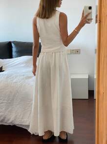 DAZY 2 件套女士套装：纯色单排扣背心和亚麻褶皱 A 字裙