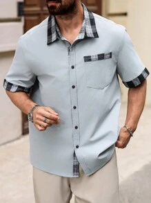 Manfinity CasualCool Camisa casual de manga corta de una sola de botones con bolsillo y estampado de cuadros en tallas grandes para hombre