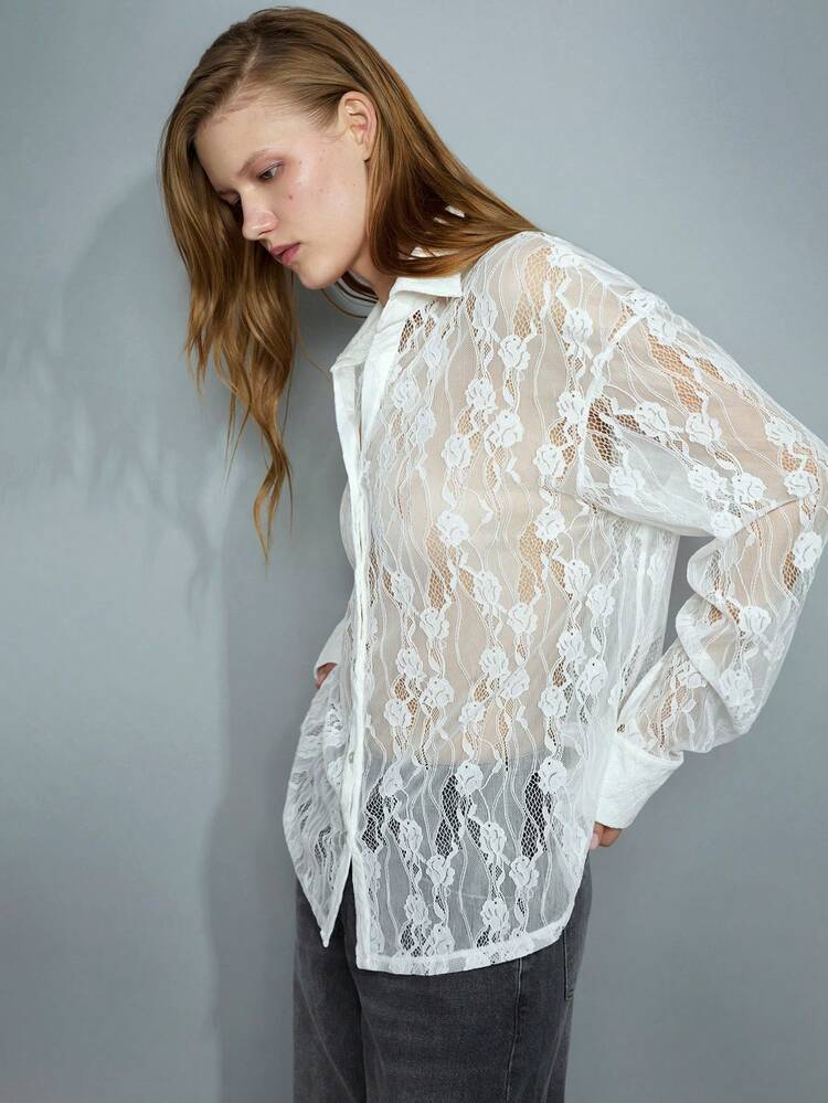 SHEIN Maija Women's White Semi-Transparent Floral Fabric Versatile Modern Elegant Party New Year's Eve , Sophisticated Comfortable White Lace Oversized Long Sleeve Drop Shoulder Women's Blouse Valentine's Day For Women Elegant Festival