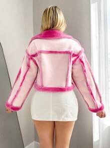 Sweetina Áo khoác lửng chắp vá ve áo bông phối màu thời trang nữ, Thu/Đông - Hồng - Xem 2