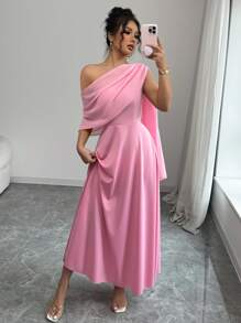 Rafferiza 法式优雅日常百搭时尚不对称领口不对称透视雪纺喇叭下摆长裙，粉色，女士，春夏 - 粉色 - 查看 3