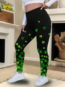 SHEIN LUNE Plus Size Women's Random Four-Leaf Clover Leaf Print Tight Leggings, Stretch Workout Pants For Autumn/Spring - Black - View 4