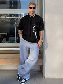 DAZY 男式抽象猫咪印花休闲街头图案 T 恤