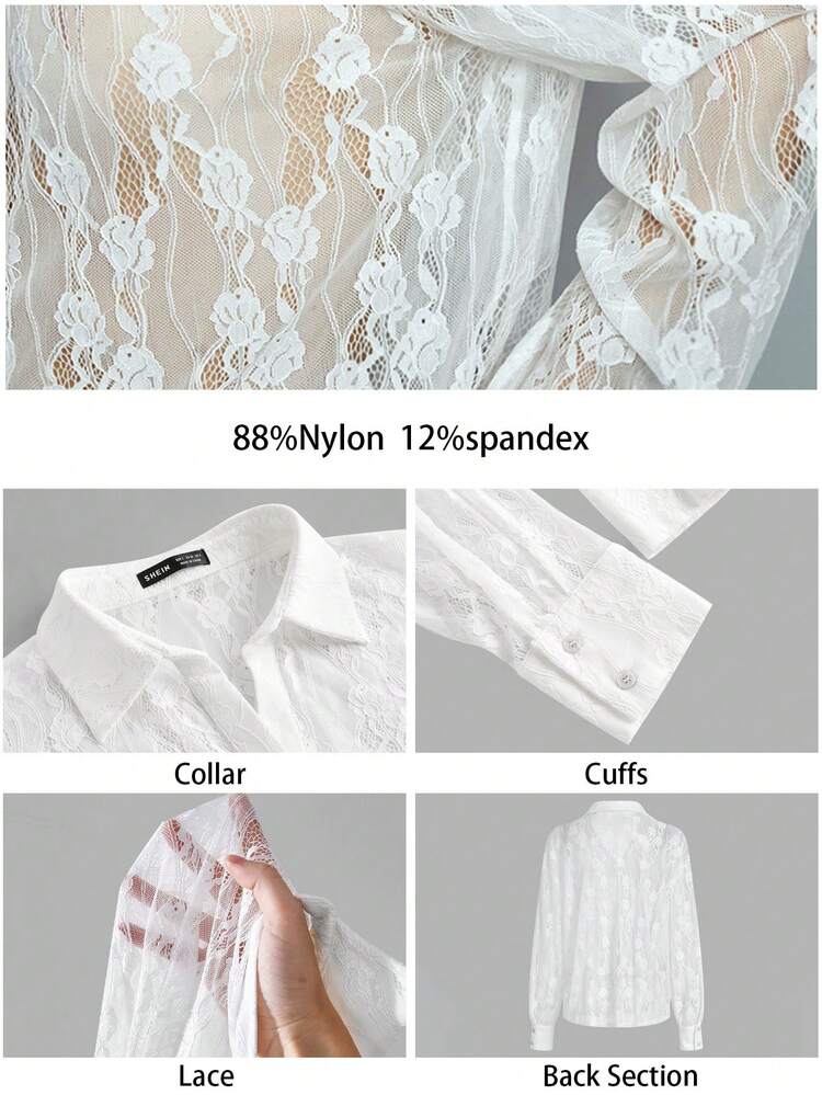 SHEIN Maija Women's White Semi-Transparent Floral Fabric Versatile Modern Elegant Party New Year's Eve , Sophisticated Comfortable White Lace Oversized Long Sleeve Drop Shoulder Women's Blouse Valentine's Day For Women Elegant Festival