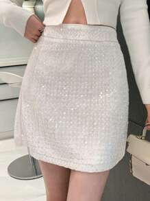 DAZY Saia feminina casual brilhante de cor sólida, simples e elegante para uso diário, saia feminina de lantejoulas para o outono e inverno. - Damasco - Ver 1