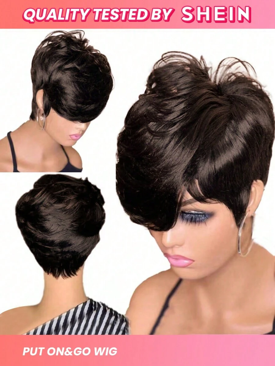 Short Wavy Bob Pixie Cut Full Machine Made Non Lace Human Hair Wigs With Bangs - S4 - View 1