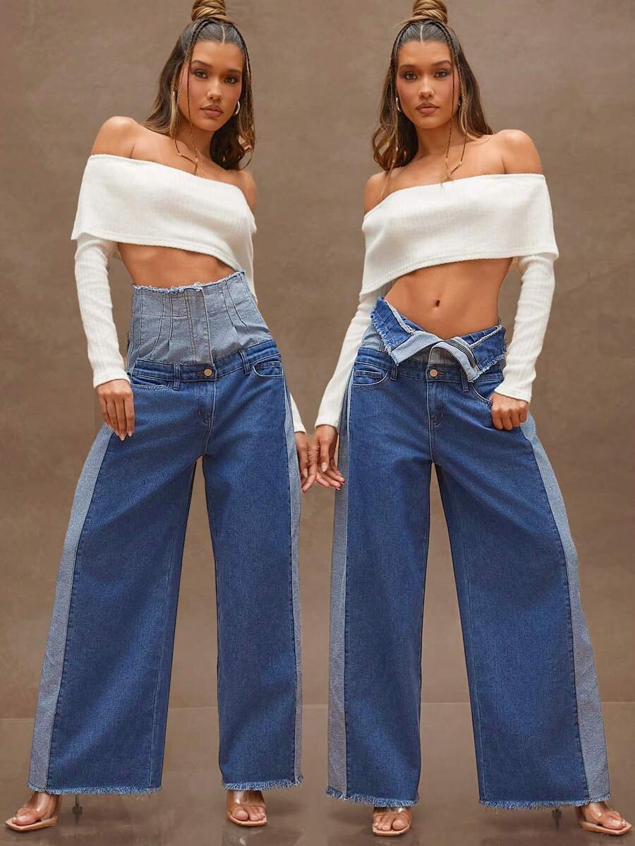 Denimoi Vaqueros casuales de mujer con botones delanteros, parches y bolsillos - Azul lavado oscuro - Ver 1