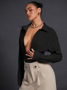 Hauture 纽扣领缝线细节长袖紧身衣 - 黑色 - 查看 7