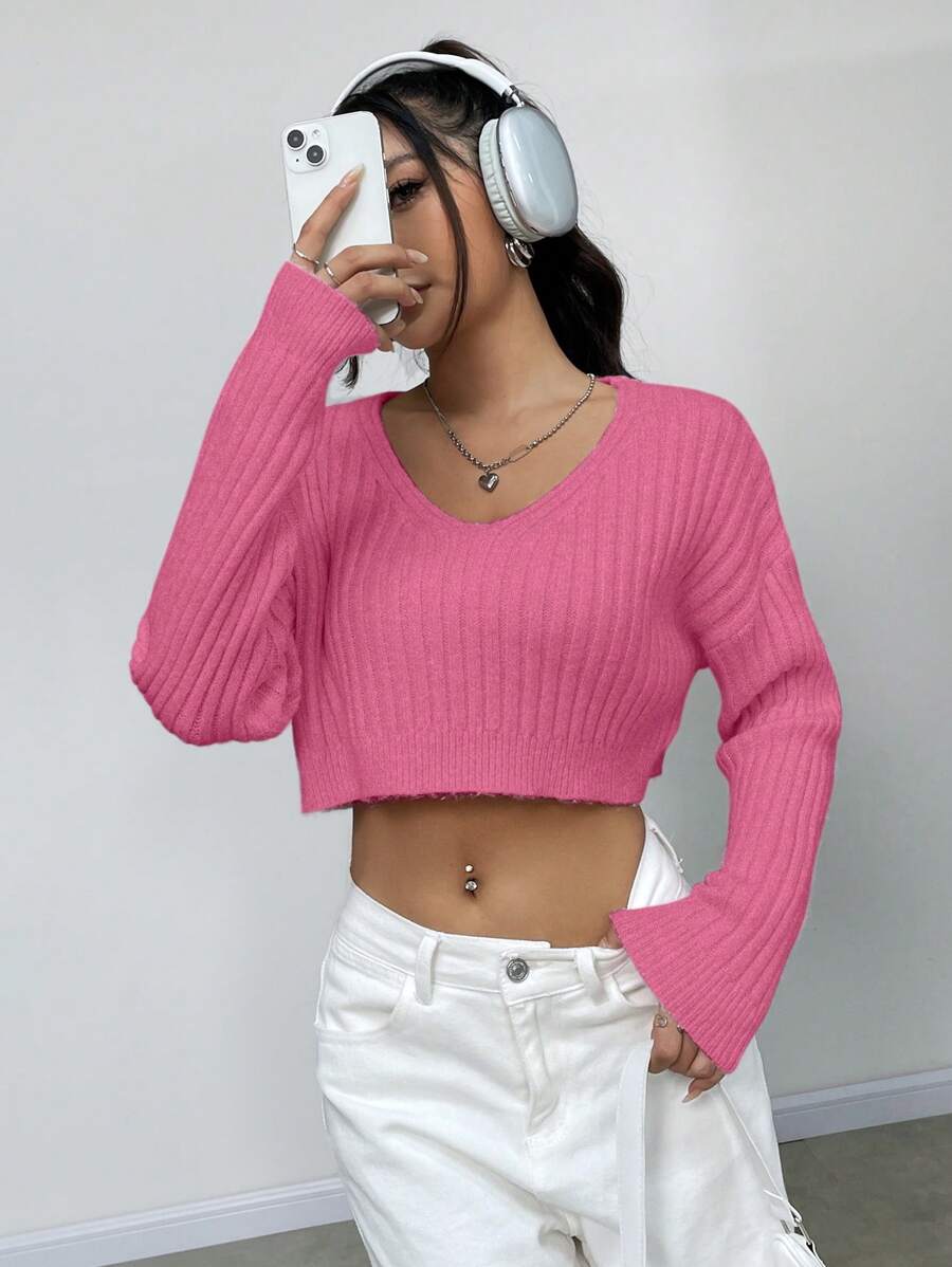 Flirla 女士V领落肩长袖短款毛衣,纯色,秋冬针织套头衫 - 玫紅色 - 查看 1