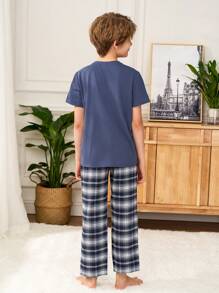 SHEIN Tween Boys Letter Print Crew Neck Short Sleeve T-Shirt And Plaid Pants Casual Pajama Set Teen Boy Clothes Teen Boys Sets Boy Set Clothes Boy Clothes 14 - Dusty Blue - View 2