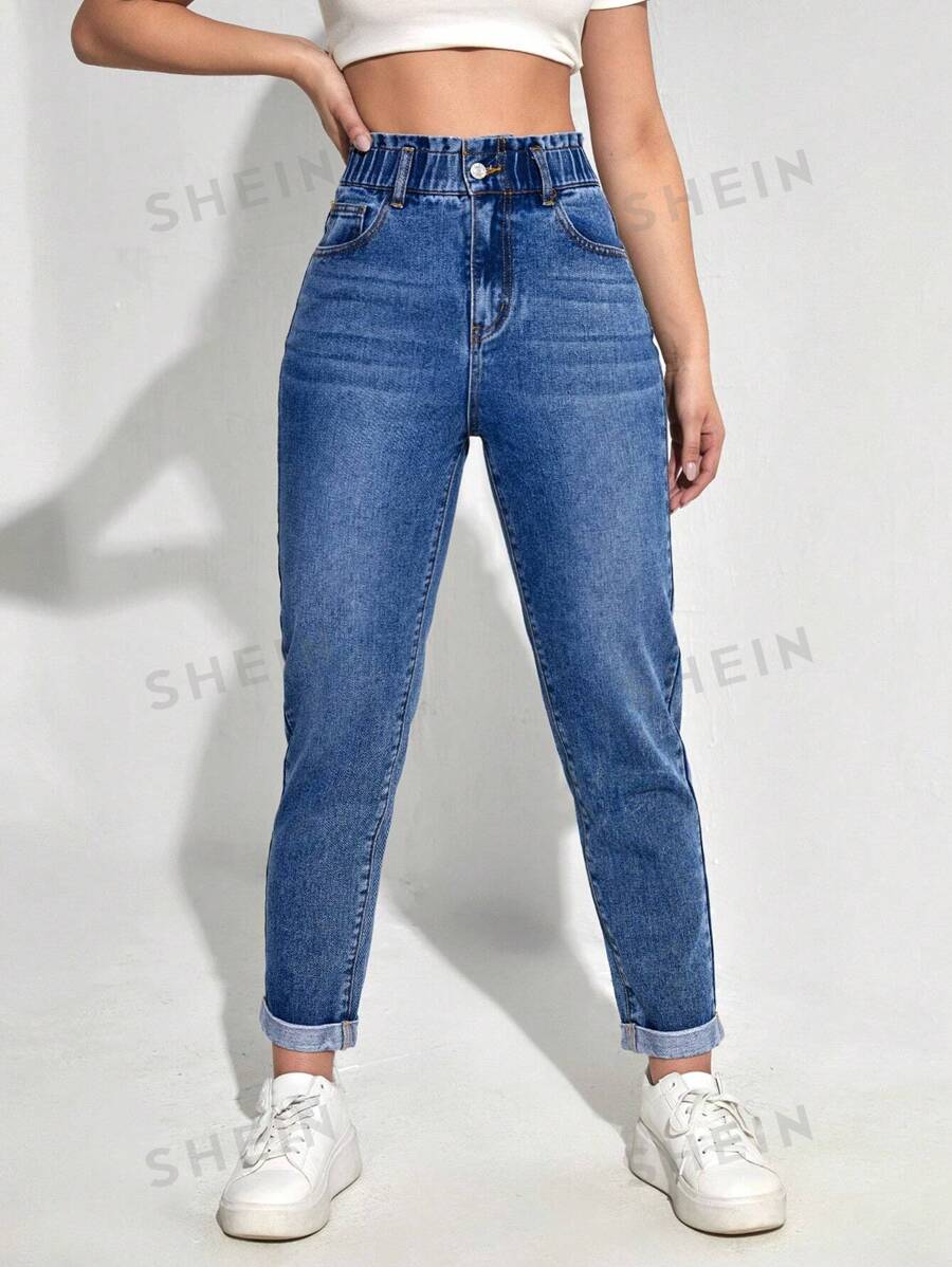 SHEIN EZwear Jeans vaqueros casuales versátiles ajustados con bolsillos para mujer - Azul lavado oscuro - Ver 1
