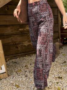 LanaWest Printed High Waist Wide Leg Beach Pants Fall Cloth For Women - Burgundy - View 5