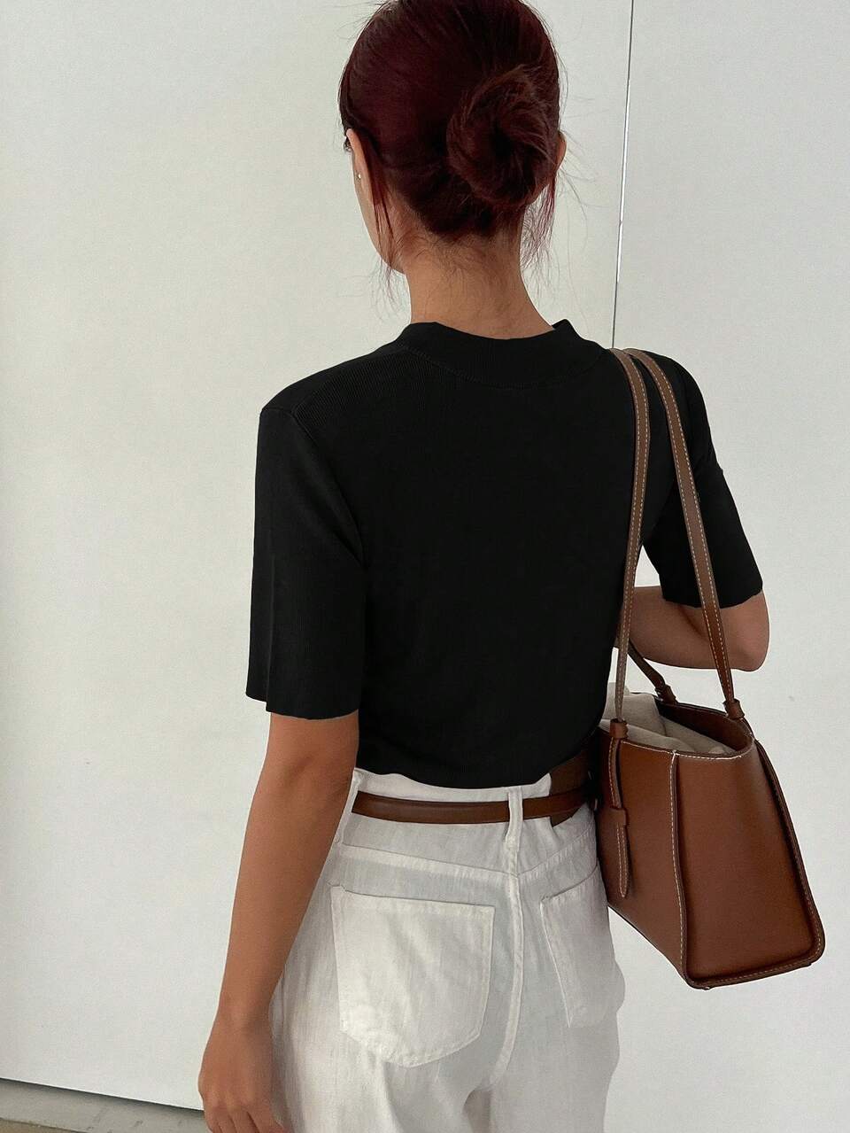 Women Business Casual Stand Collar Half-Placket Short Sleeve Pullover Knitwear Top