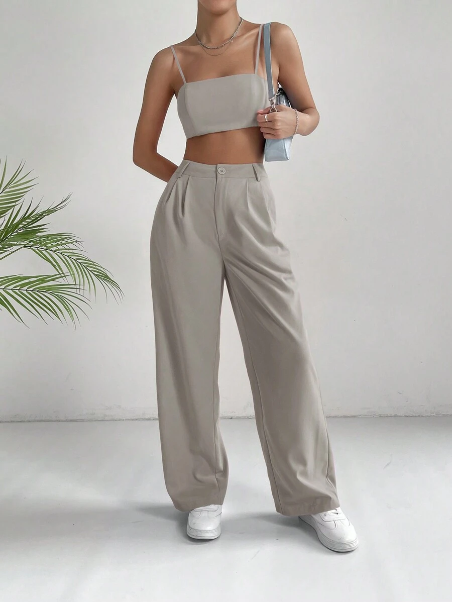 SHEIN EZwear Top corto de color rosa sólido y pantalones de pierna ancha estilo para ir al trabajo - Gris Claro - Ver 1