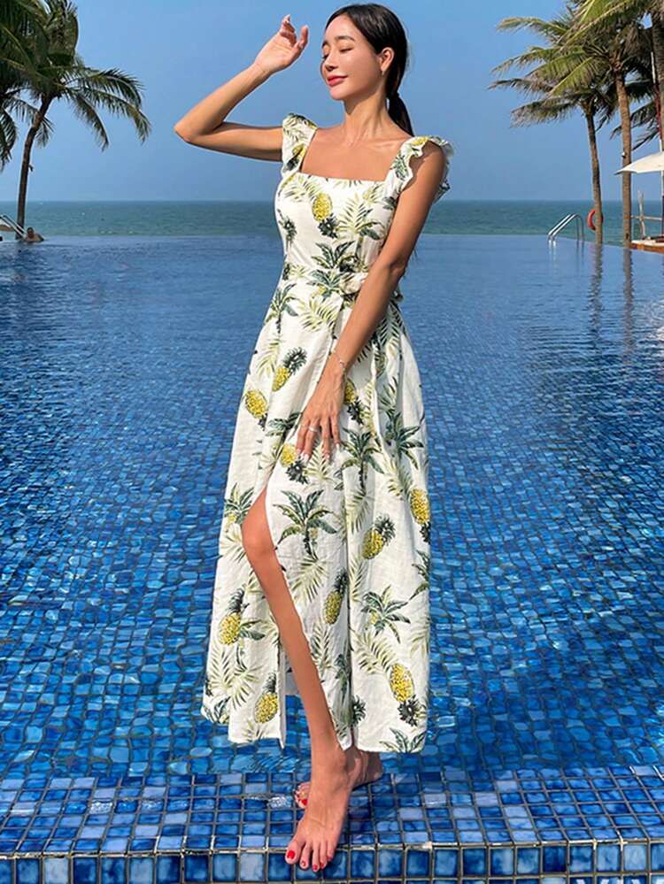 Women Plant Print Cinched Waist Slit Sleeveless Vacation Midi Dress, Green "Holidaya Flower" Style, Spring/Summer Sundress Cruise Outfit For Women Easter Boho