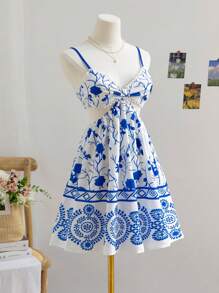Soleia Women's Floral Print Sleeveless Dress, Suitable For Vacation - Blue and White - View 1