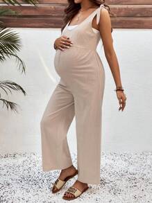 SHEIN Maternity Solid Color Casual Jumpsuit, Stylish And Practical For Daily Wear - Khaki - View 6