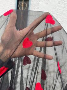 SHEIN CURVE+ CURVE PLUS /Valentine's Day/Curve Plus Embroidered Doll Mesh Dress, Red, Heart-Shaped, Valentine's Day, Fluffy Skirt, Princess Dress. Party Valentine's Day, Romantic Valentine's Day - Blue - View 8