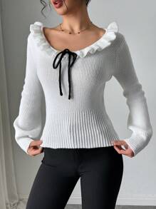 Chiquease Suéter de mujer elegante y versátil con volantes y moño, de estilo simple y a la moda - Blanco - Ver 3