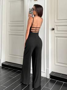 SHEIN Unity Ribbed Backless Minimalist Straight Leg Black Jumpsuits - Black - View 5