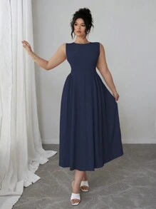 Elenzga 加大码女式纯色圆领褶皱无袖优雅连衣裙长款女装 - 藏蓝色 - 查看 7