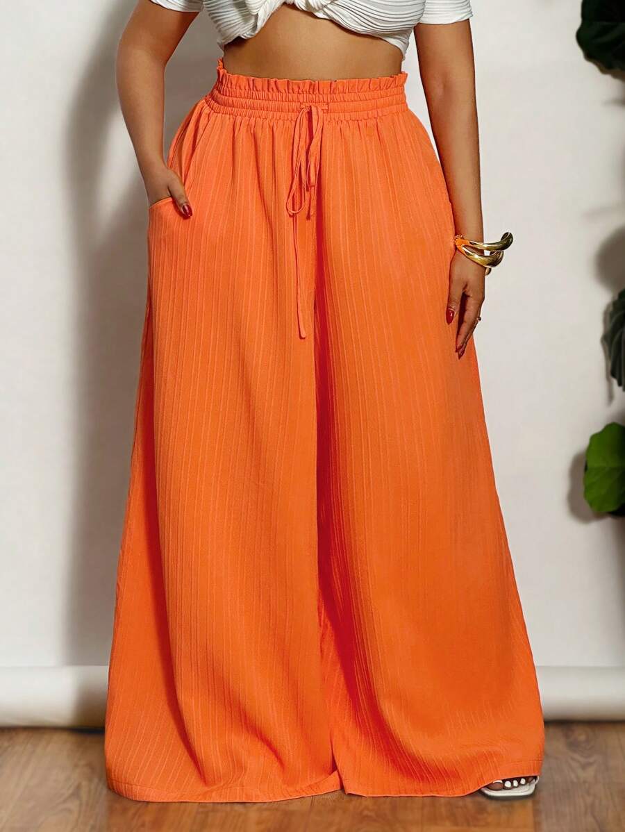 Slaydiva Women Plus Size Vacation Textured High Waist Wide Leg Pants - Orange - View 1
