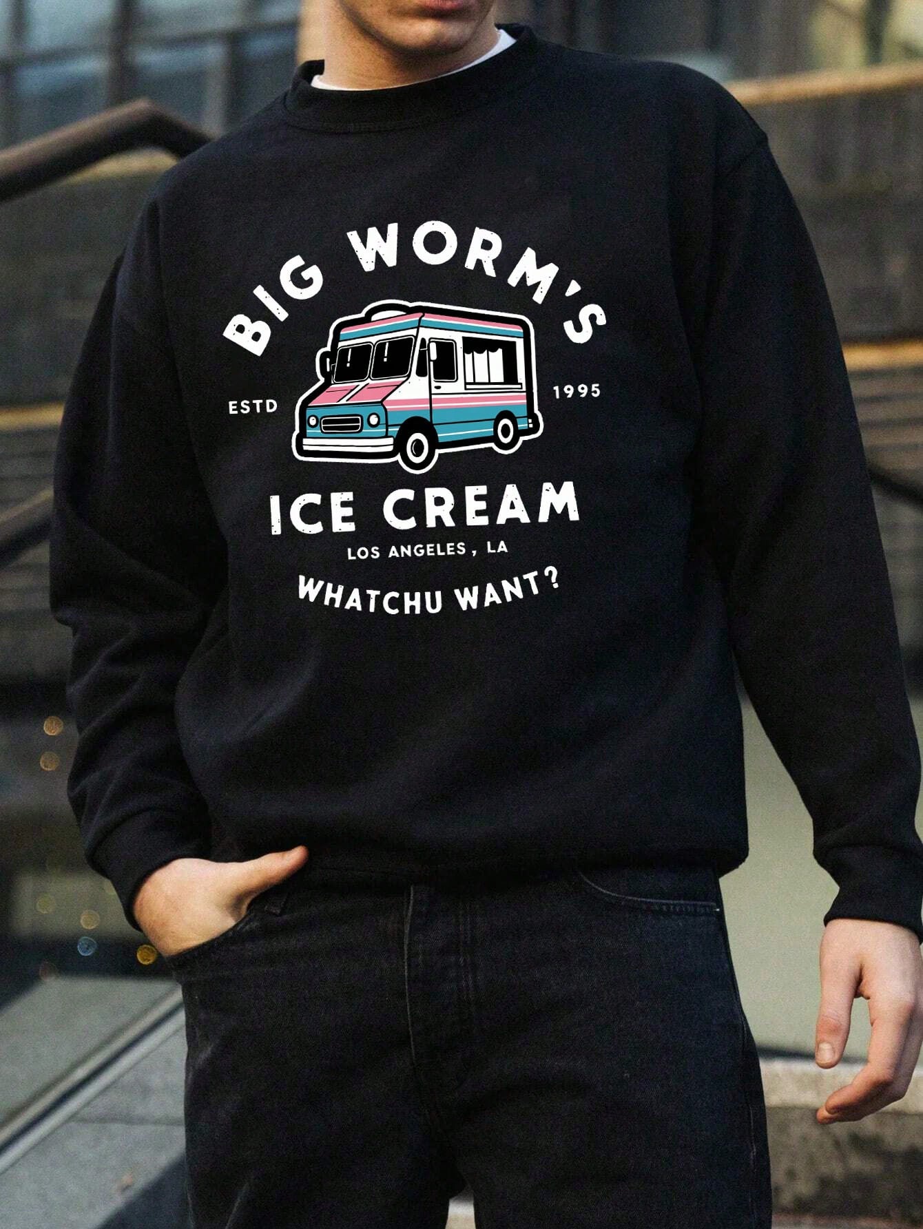 Manfinity Dauomo Ice Cream Car Pattern Print Men's Long Sleeve Pullover Hoodie, Sweatshirt For Autumn/Winter, Gift For Him, Holiday Sweatshirt, Trending Now, Fashion, Aesthetic Sweatshirt