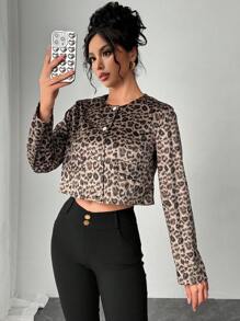 Chiquease Vintage Leopard Print Round Neck Single-Breasted Jacket - Brown - View 4